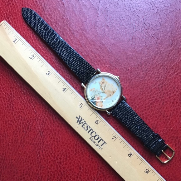 Vintage Regent Watch Cat Flowers Gold Tone Black Leather Wristband Analog Dial - Picture 7 of 16